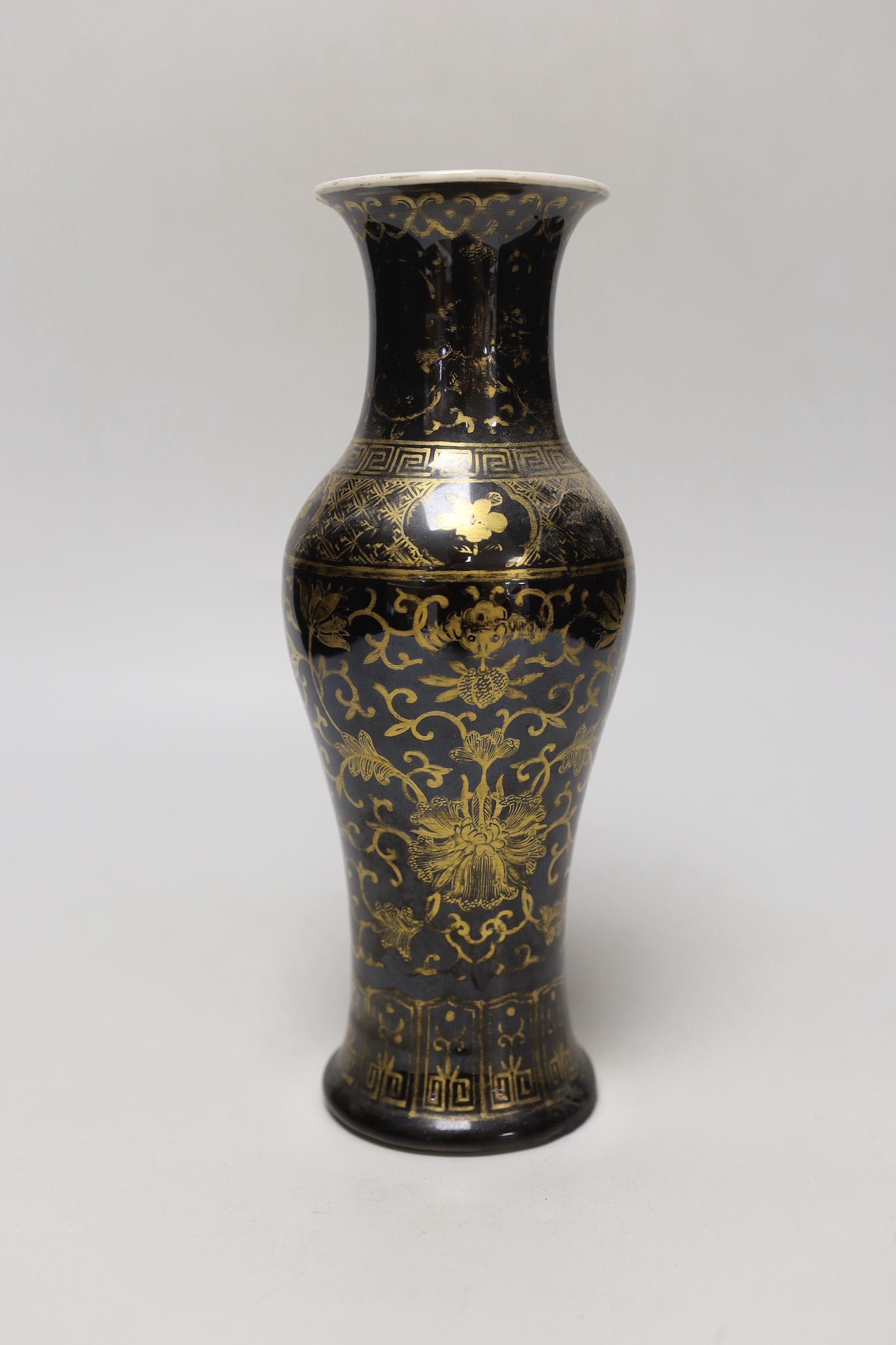 A Chinese gilt decorated mirror black glazed baluster vase, 25.5cm high